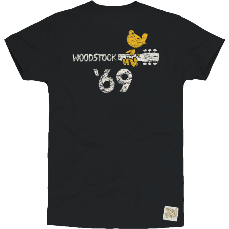 Woodstock '69 with bird on guitar neck logo (bird in yellow) in distressed white print on our 100% cotton black unisex tee
