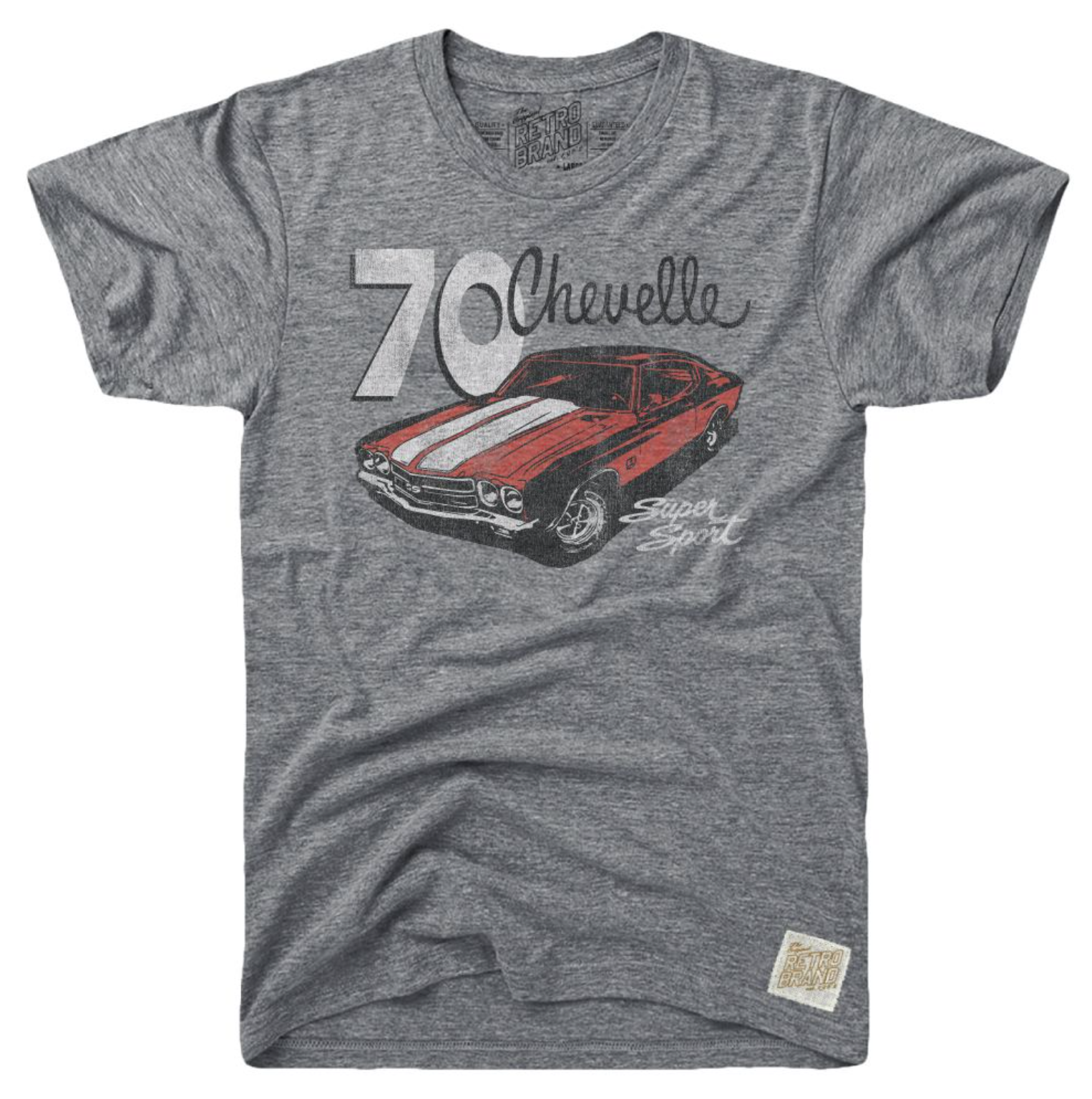 Red 70 Chevelle Super Sport SS (with white hood stripes) on grey tri-blend tee