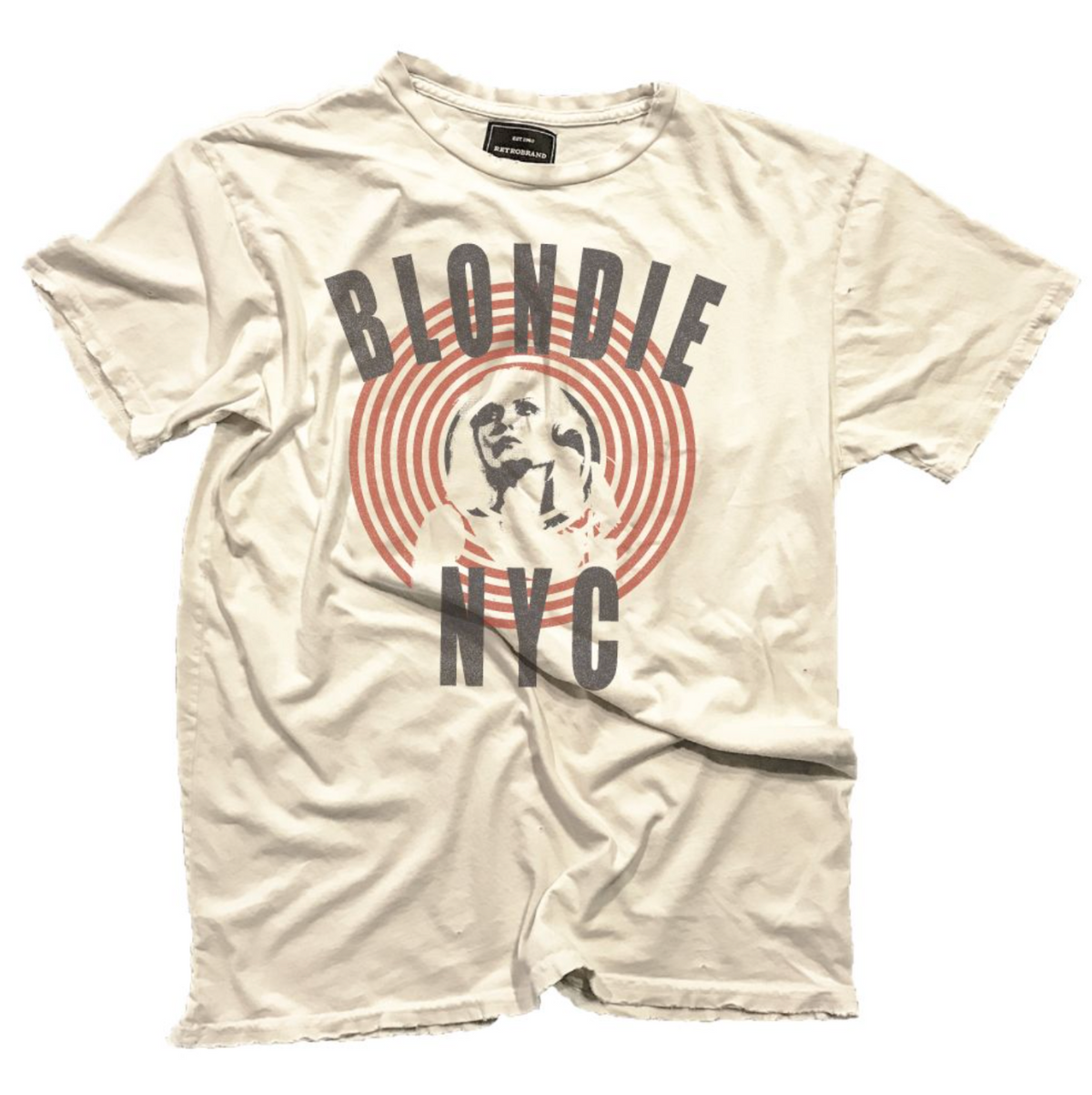 Blondie NYC with Debbie Harry in front of red circles in center of shirt. Design on our 100% cotton black label tee in antique white.
