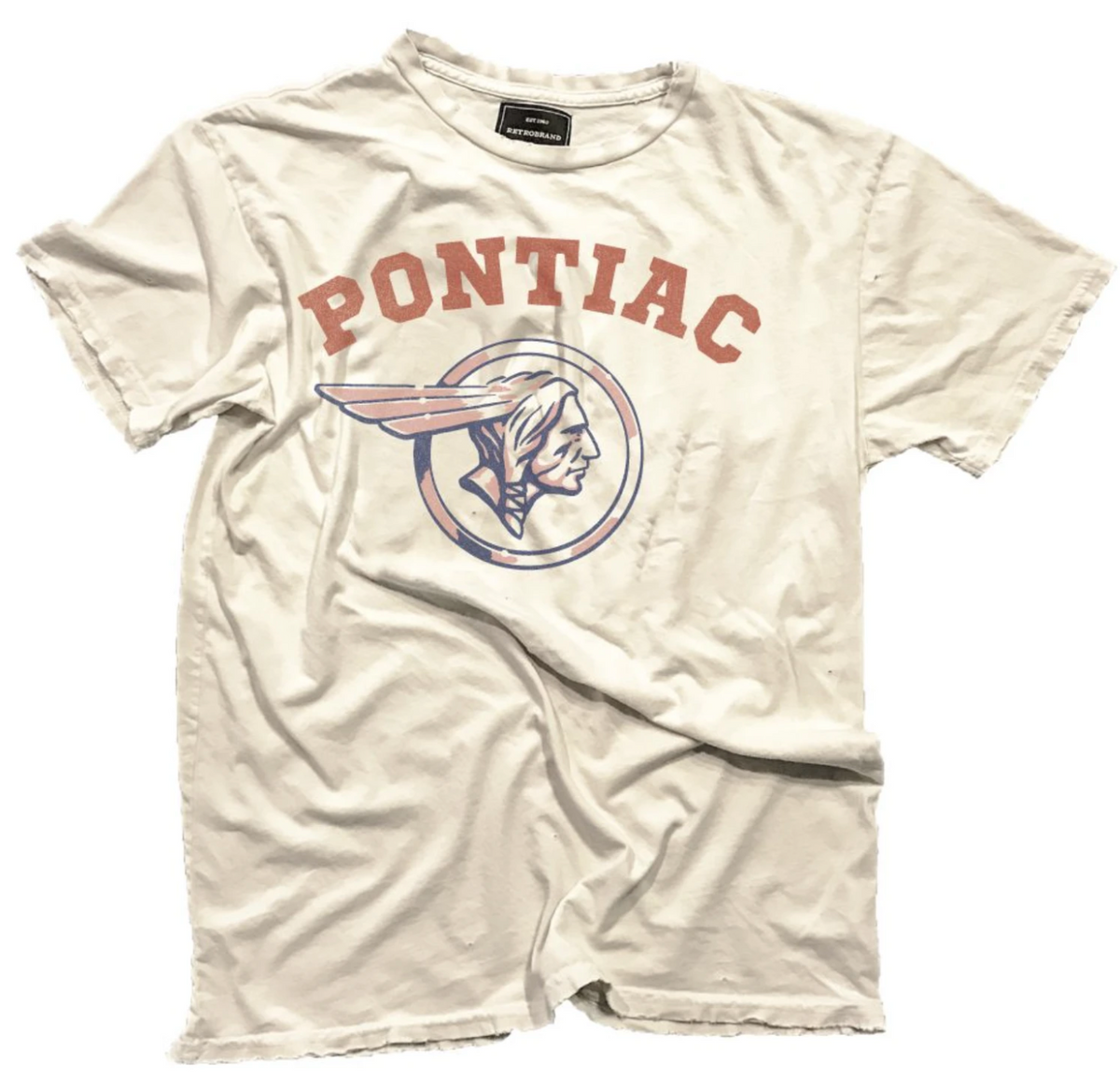 Pontiac in faded red print with vintage Chief Pontiac logo centered below