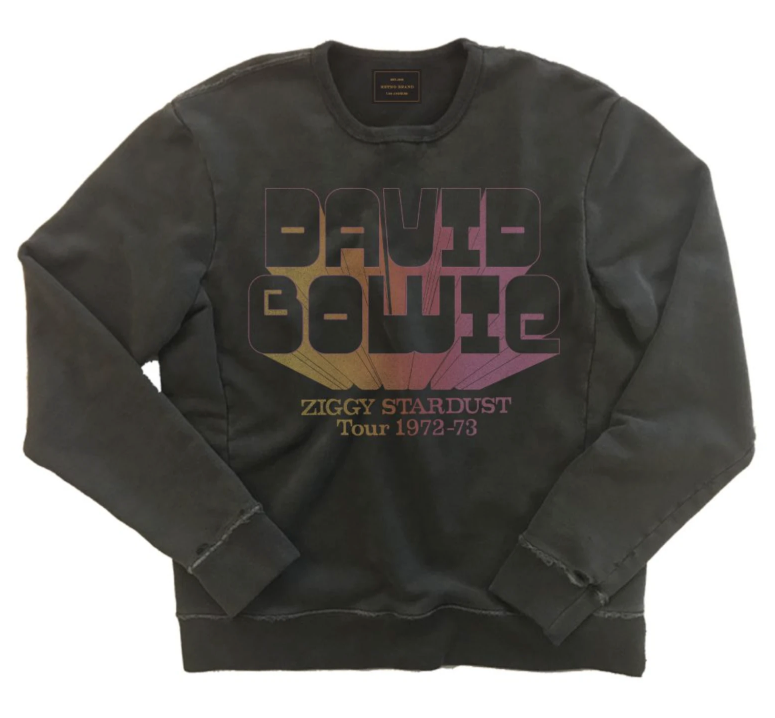 David Bowie Ziggy Stardust Tour 1972-73 in orange/purple burst font on our black 100% French Terry Black Label Sweatshirt