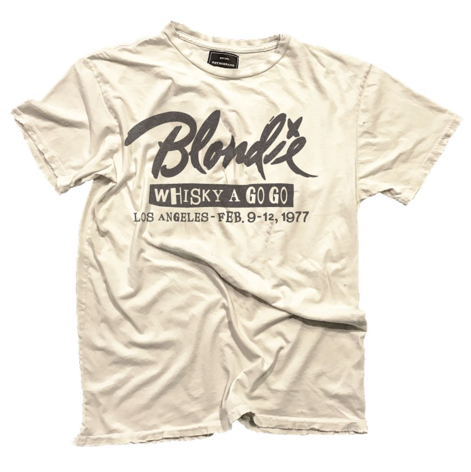 Blondie Whisky a Go GO Los Angeles Feb 9-12 1977 in black on our 100% cotton Black Label short sleeve tee in antique white.