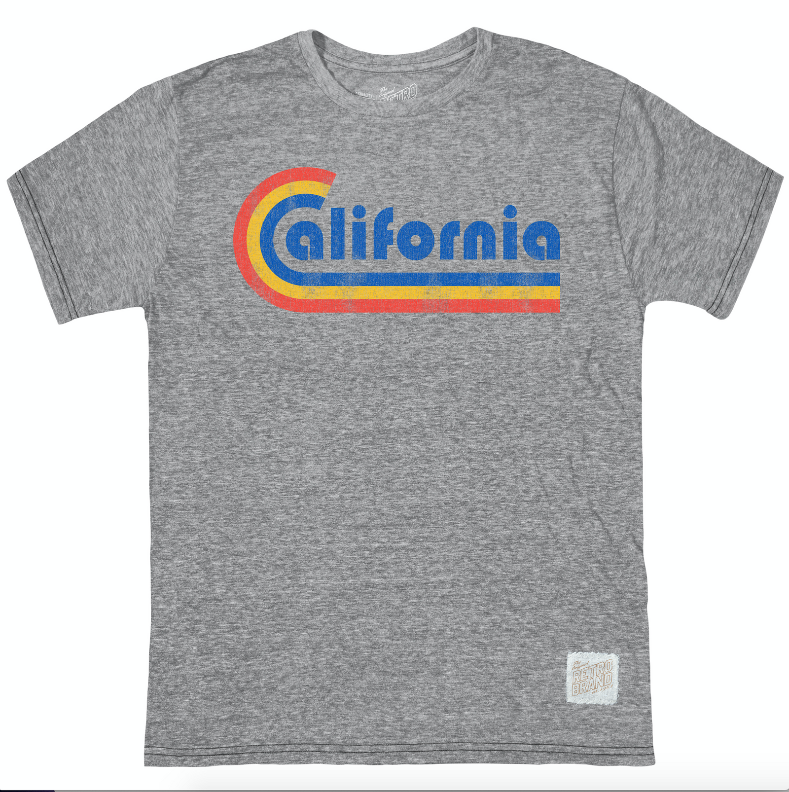 California in blue font with C contiuing as blue underline along with gold and red underlines as well on our tri-blend unisex tee in streaky gray