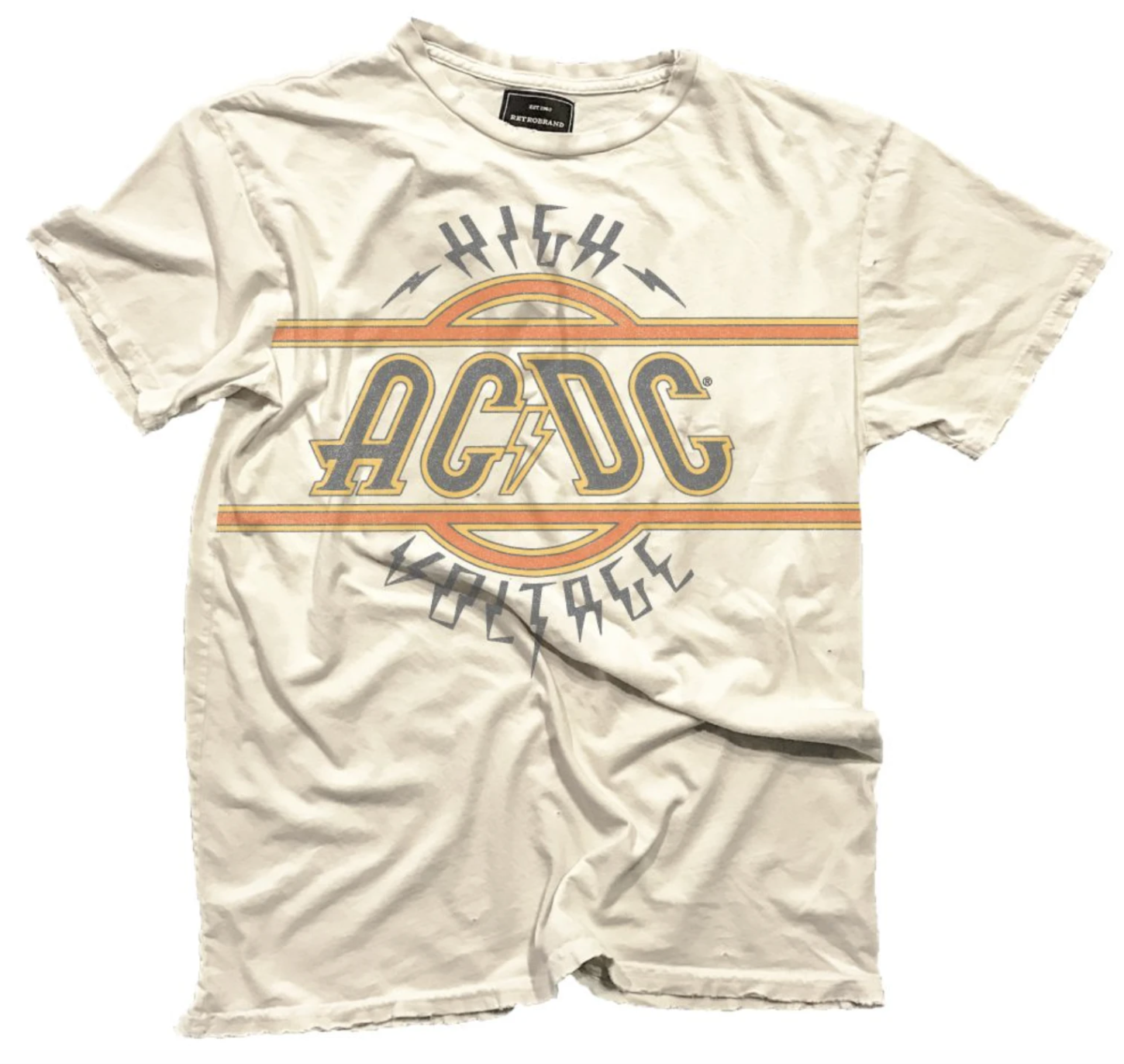 AC/DC High Voltage logo on our Black Label 100% cotton tee in antique white