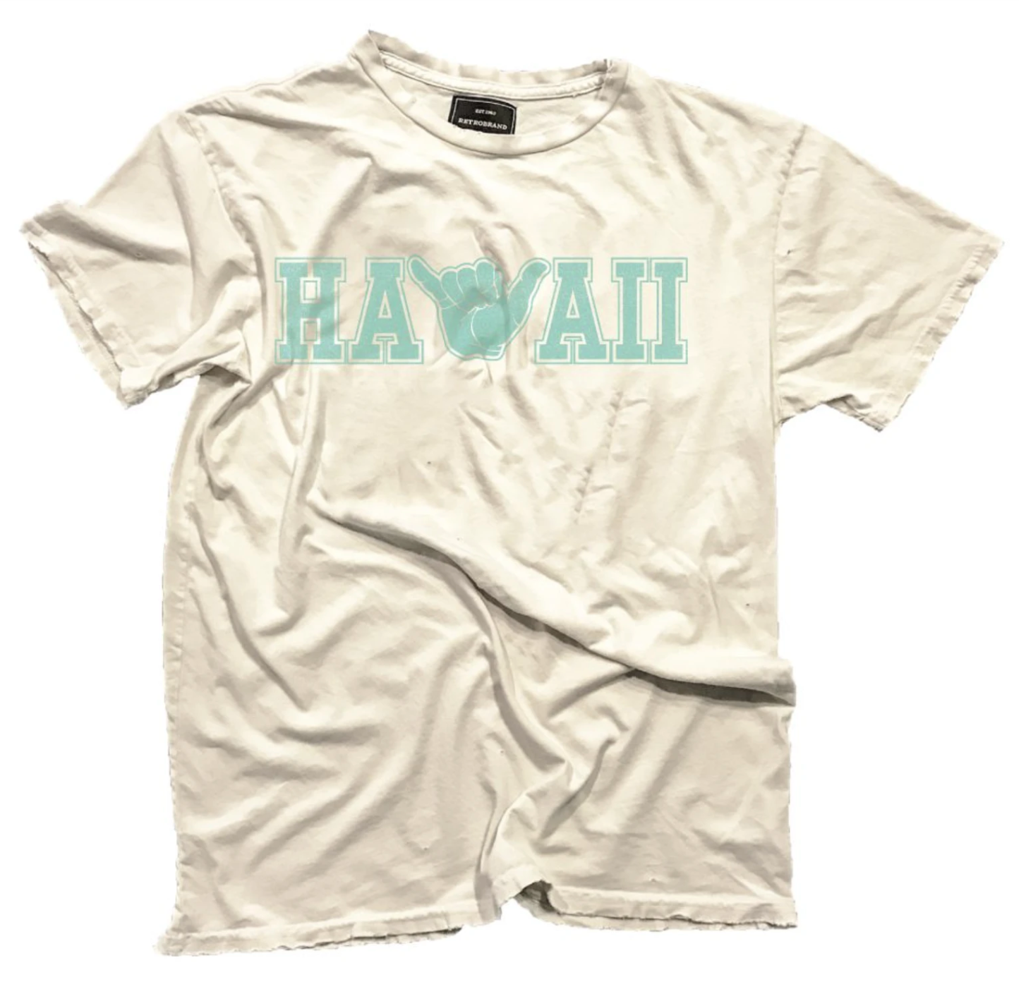 Hawaii (with the shaka hand sign as the W) in faded blue/green print on our 100% cotton Black Label short sleeve tee in antique white