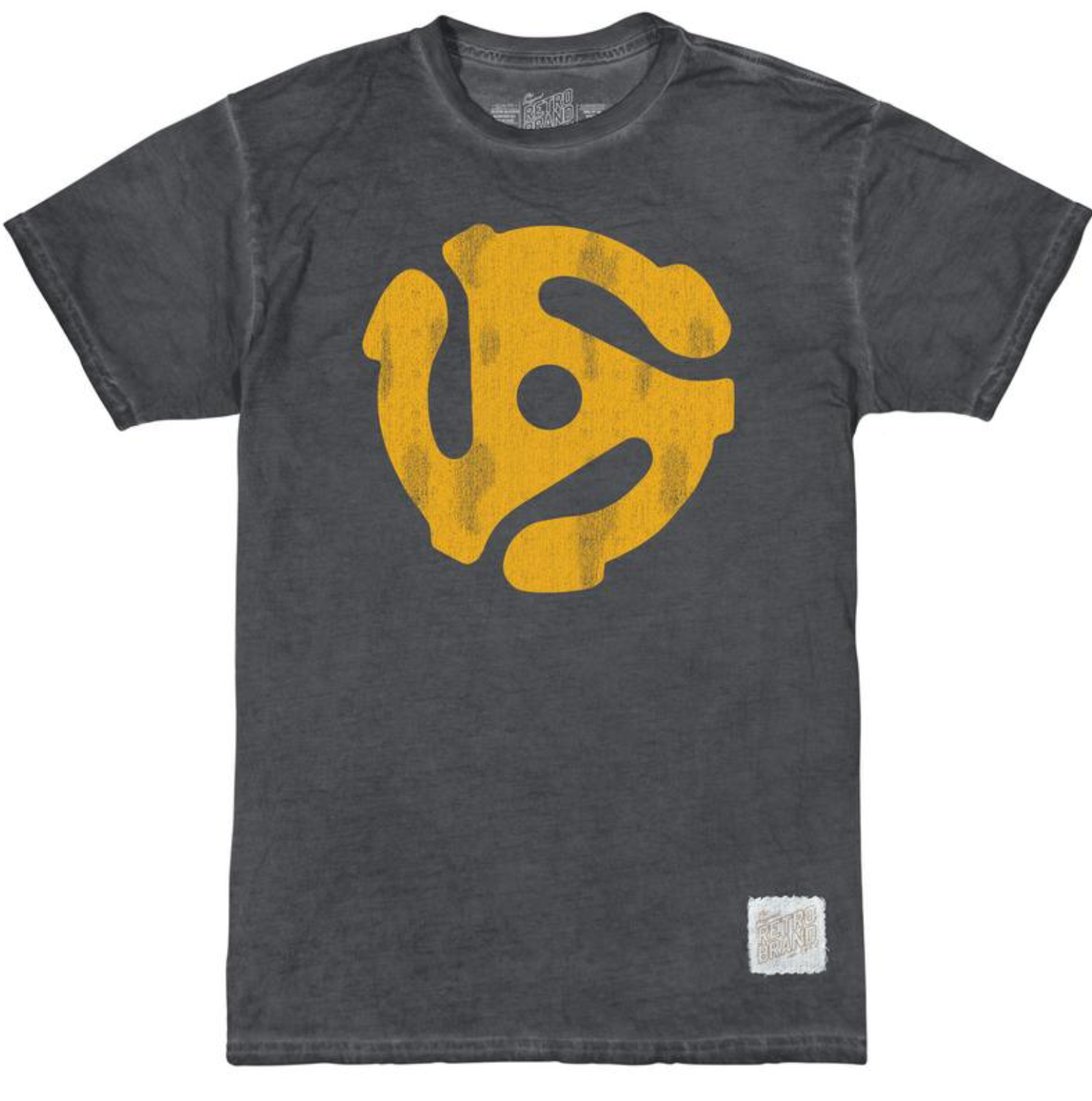 45 rpm spindle in faded yellow on our oil washed charcoal 100% cotton tee