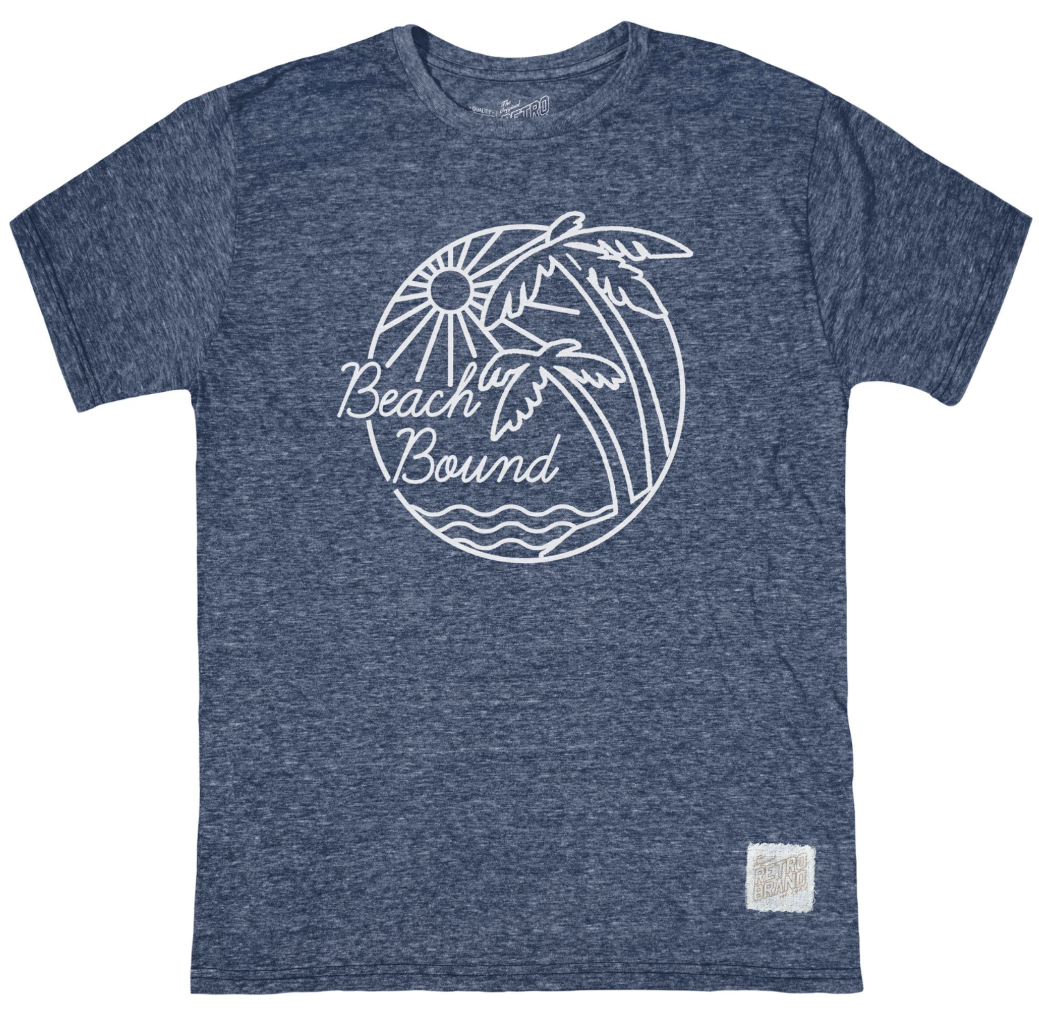 Beach Bound graphic featuring palm trees, sun, and surf all in white on our tri-blend unisex tree in streaky blue