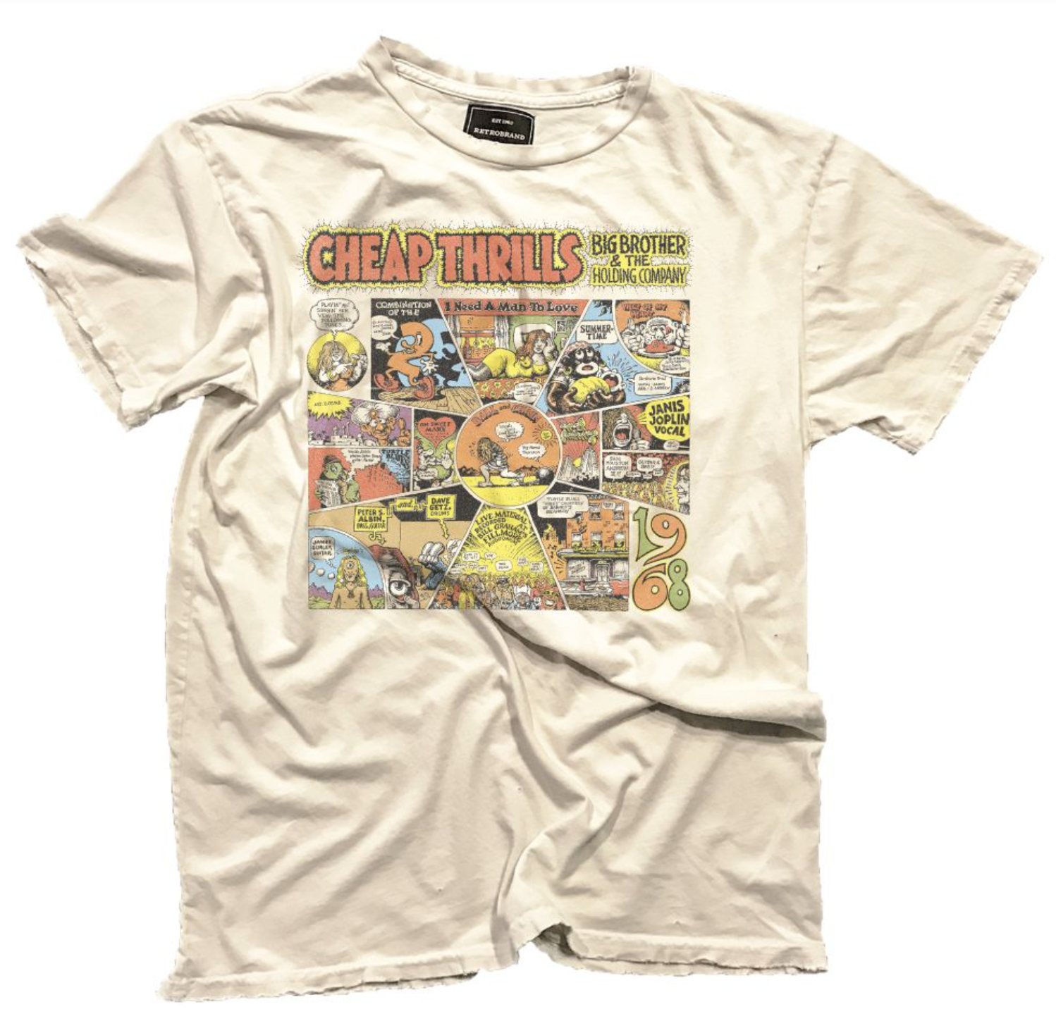 Cheap Thrills Big Brother & The Holding Company album cover on our antique white Black Label tee.