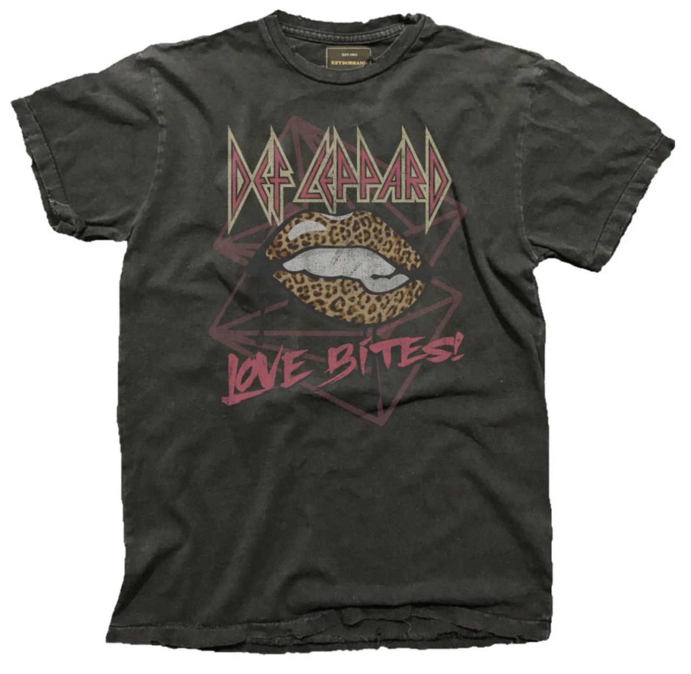 Def Leppard Love Bites with tiger print lip design centered on our 100% cotton Black Label tee in vintage black.