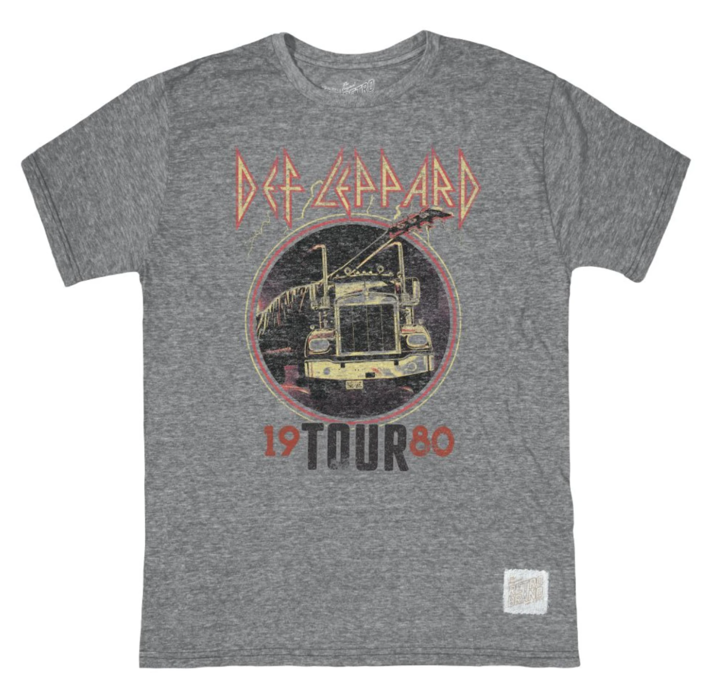 Def Leppard 1980 Tour logo featuring rock and roll rig on our short sleeve tri-blend unisex tee in streaky gray.