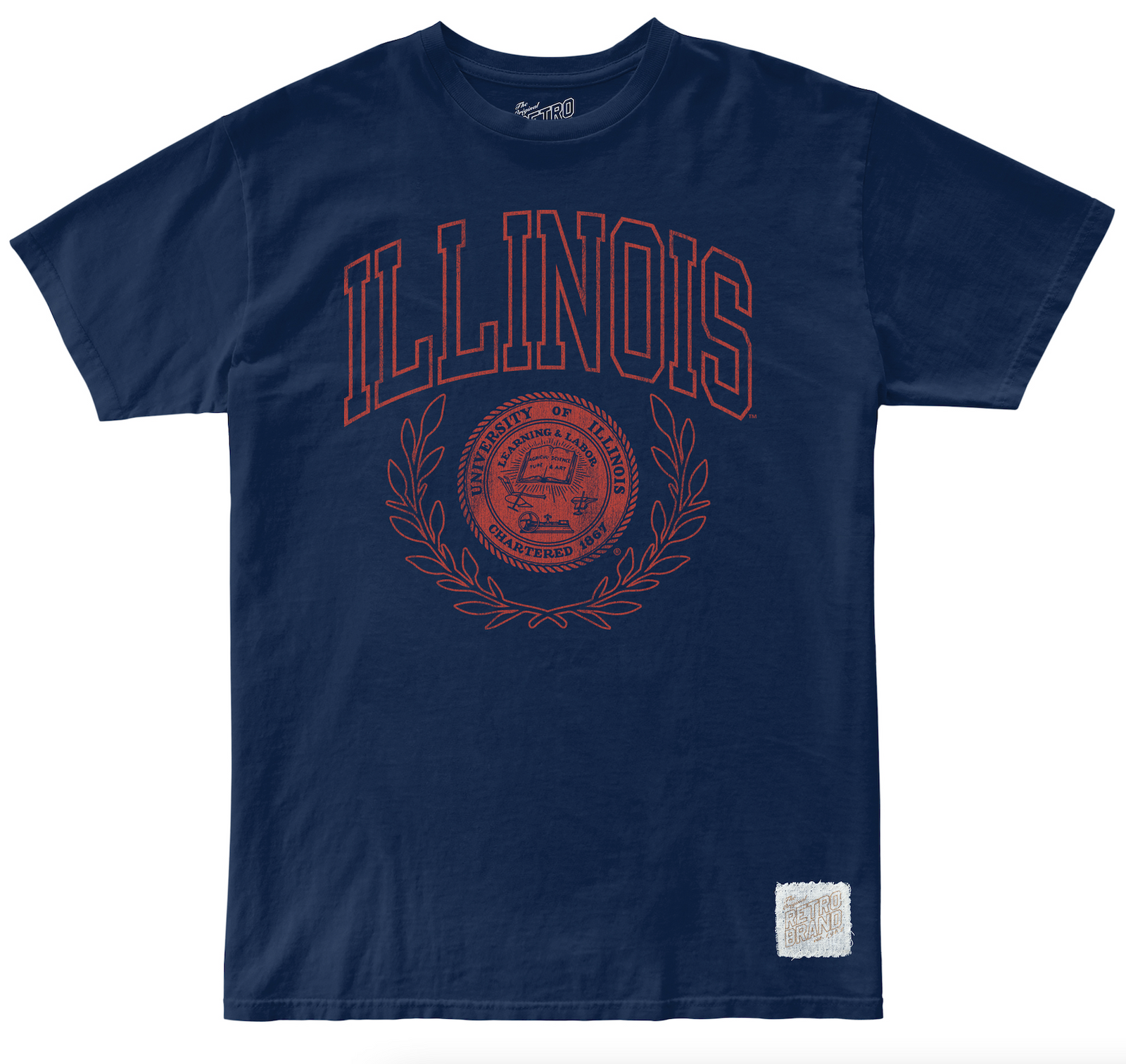 Illinois Orange and Blue Arch Logo and Crest 100% Cotton Unisex Tee