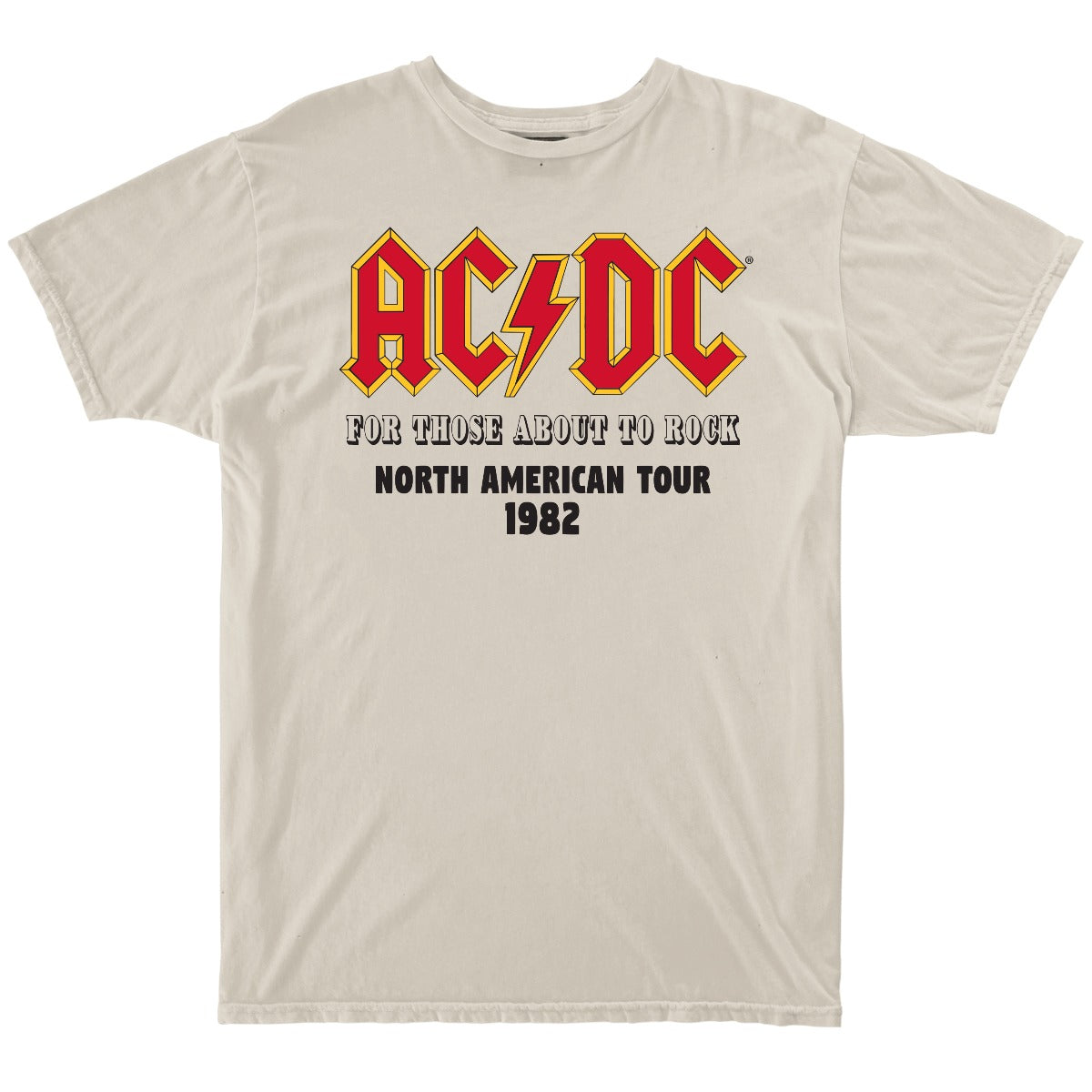 Vintage AC DC bolt logo in red text with For Those About to Rock in White and North American Tour 1982 in black on our white 100% cotton tee