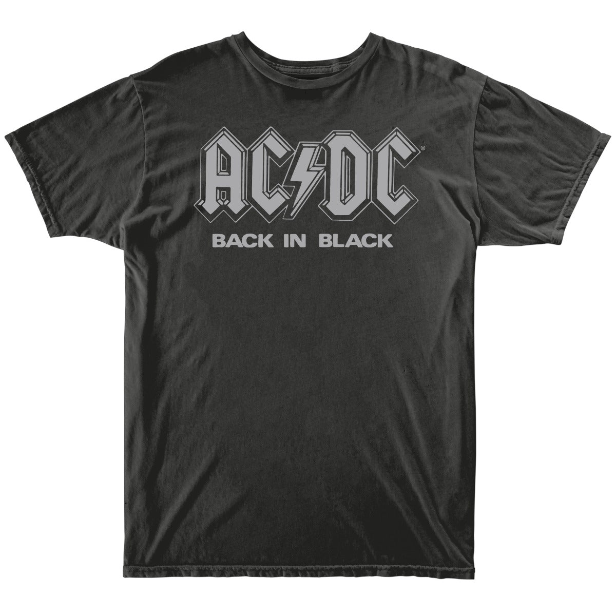 Classic AC/DC bolt logo with Back in Black below all in silver on the 100% cotton Black Label tee in vintage black color.