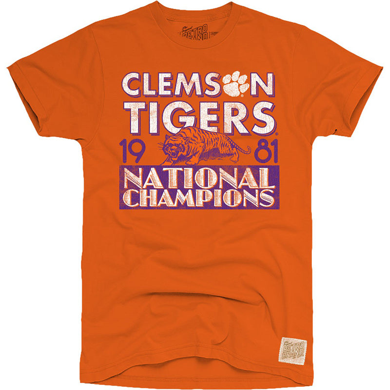 Clemson Tigers 1981 National Champions in white and Purple on our 100% cotton unisex tee in orange