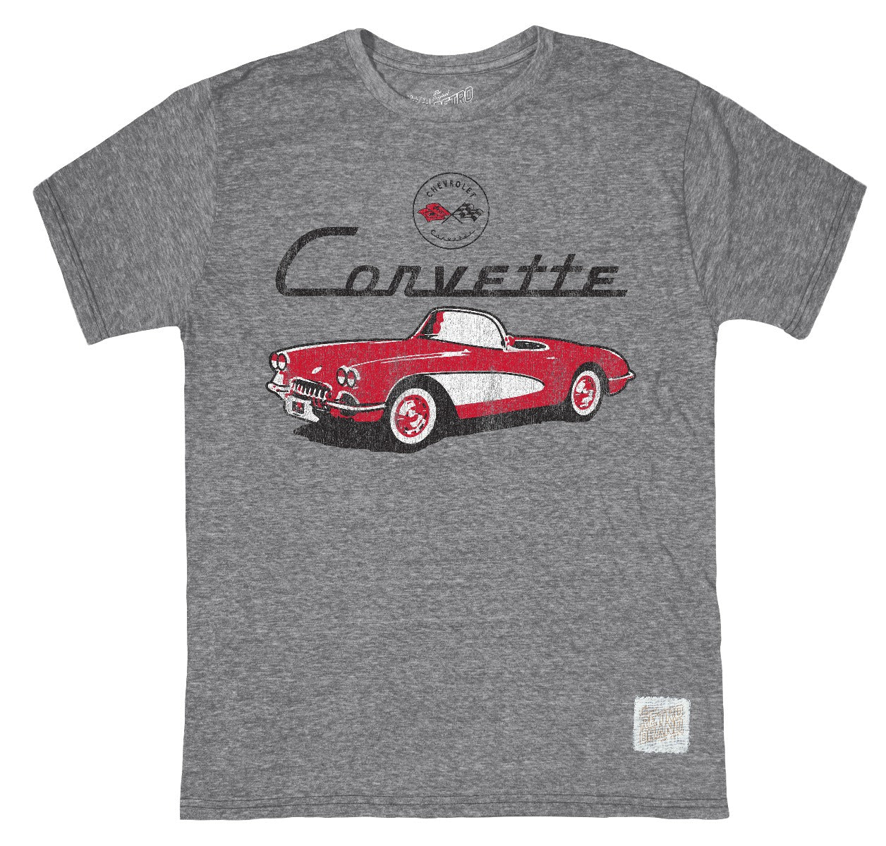 1959 corvette in red and white with chevy emblem and name above on our tri-blend unisex tee in streaky gray