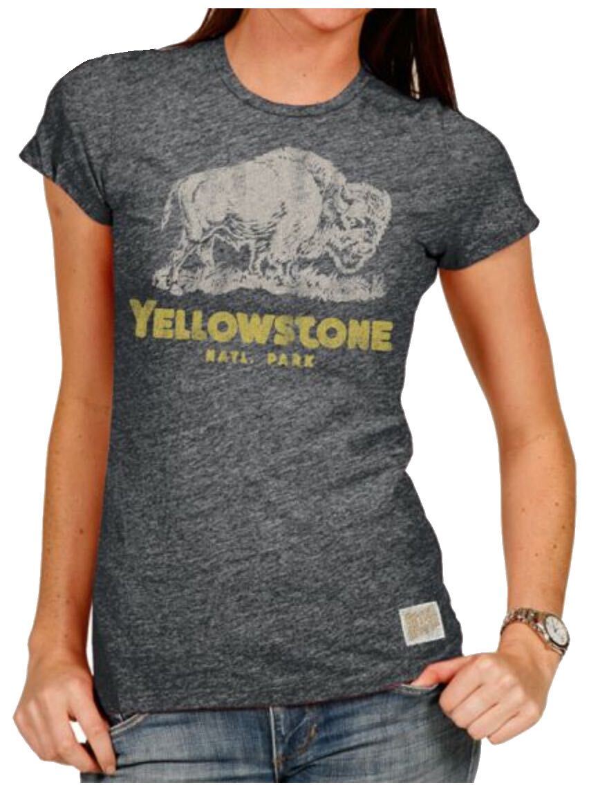Streaky white buffalo with Yellowstone Natl. Park in gold lettering below on our streaky gray tri-blend women's short sleeve crew tee