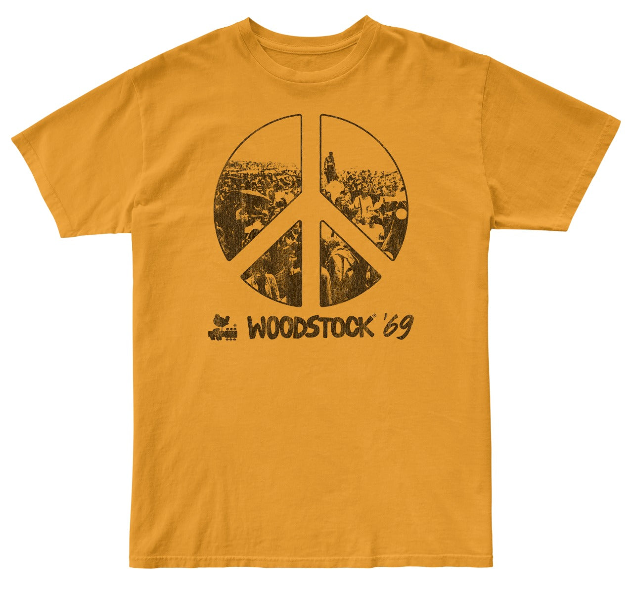 Woodstock '69 with peace logo centered above - faded black print on our 100% cotton unisex tee in yellow.