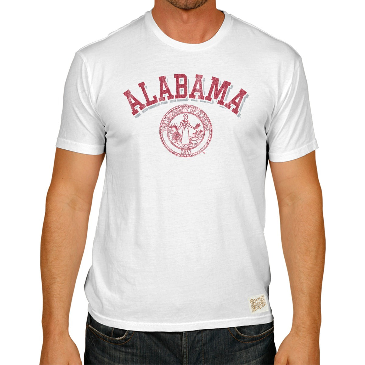 Alabama arch with round seal on white 100% cotton short sleeve tee