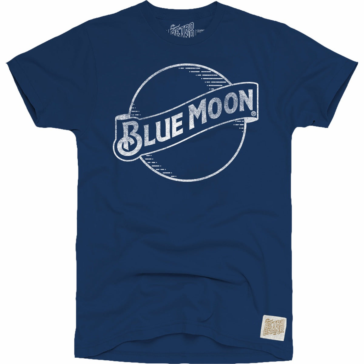 Blue Moon logo in white on our 100% cotton unisex tee in navy