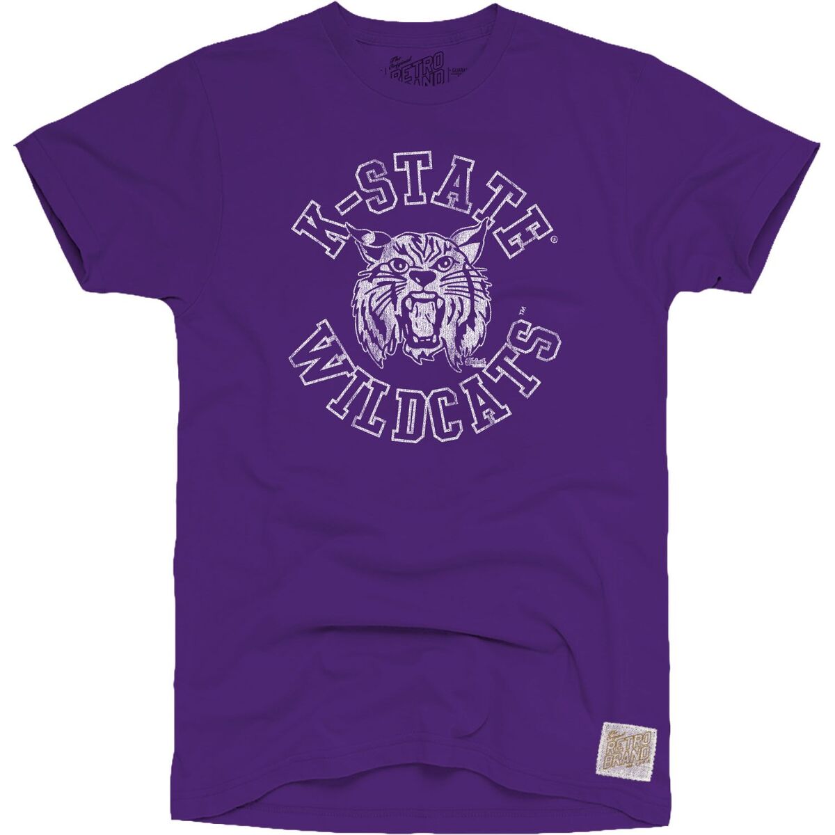 K-State Wildcats with vault logo in white outline on our 100% cotton unisex tee in purple