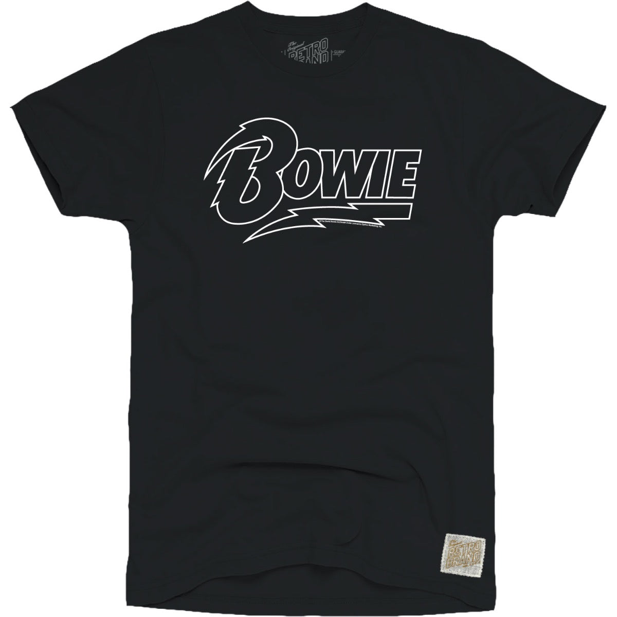 Bowie in white outline font with sideways lightning bolt on our 100% cotton unisex tee in black