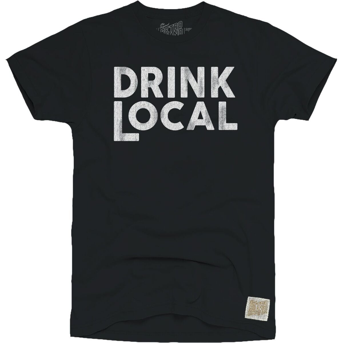 Drink Local in faded white print on our 100% cotton unisex tee in black