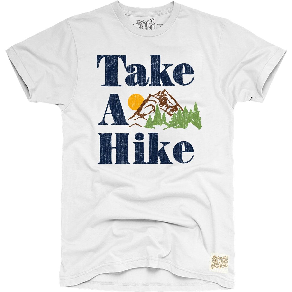Take a Hike in blue with mountain trees and sun graphic on our 100% cotton unisex tee in white