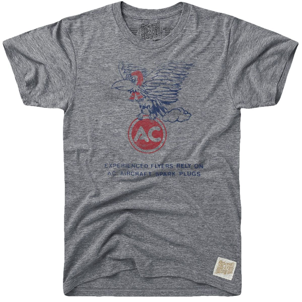 AC Delco Flyers mascot in vintage design with text "experienced flyers rely on AC aircraft spark plugs" on grey tri-blend tee.