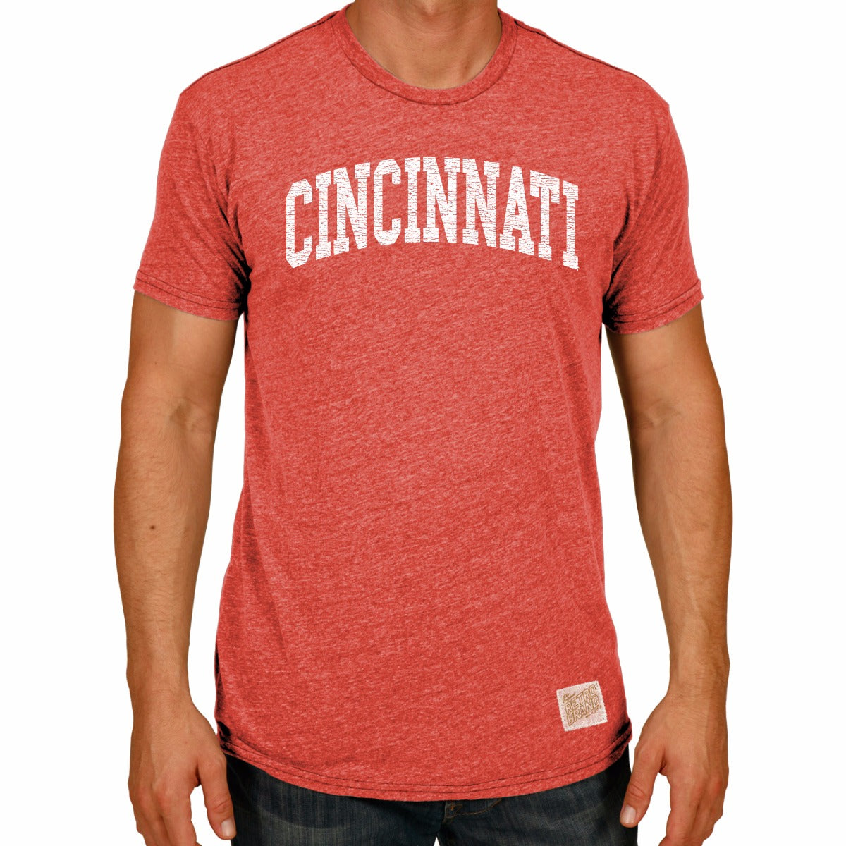 Cincinnati arch in white on our tri-blend unisex tee in streaky red