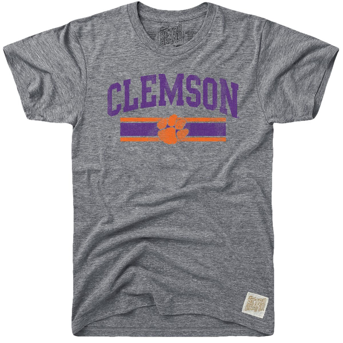 Clemson arch in purple with orange tiger paw on purple stripe below on our tri-blend unisex tee in streaky gray