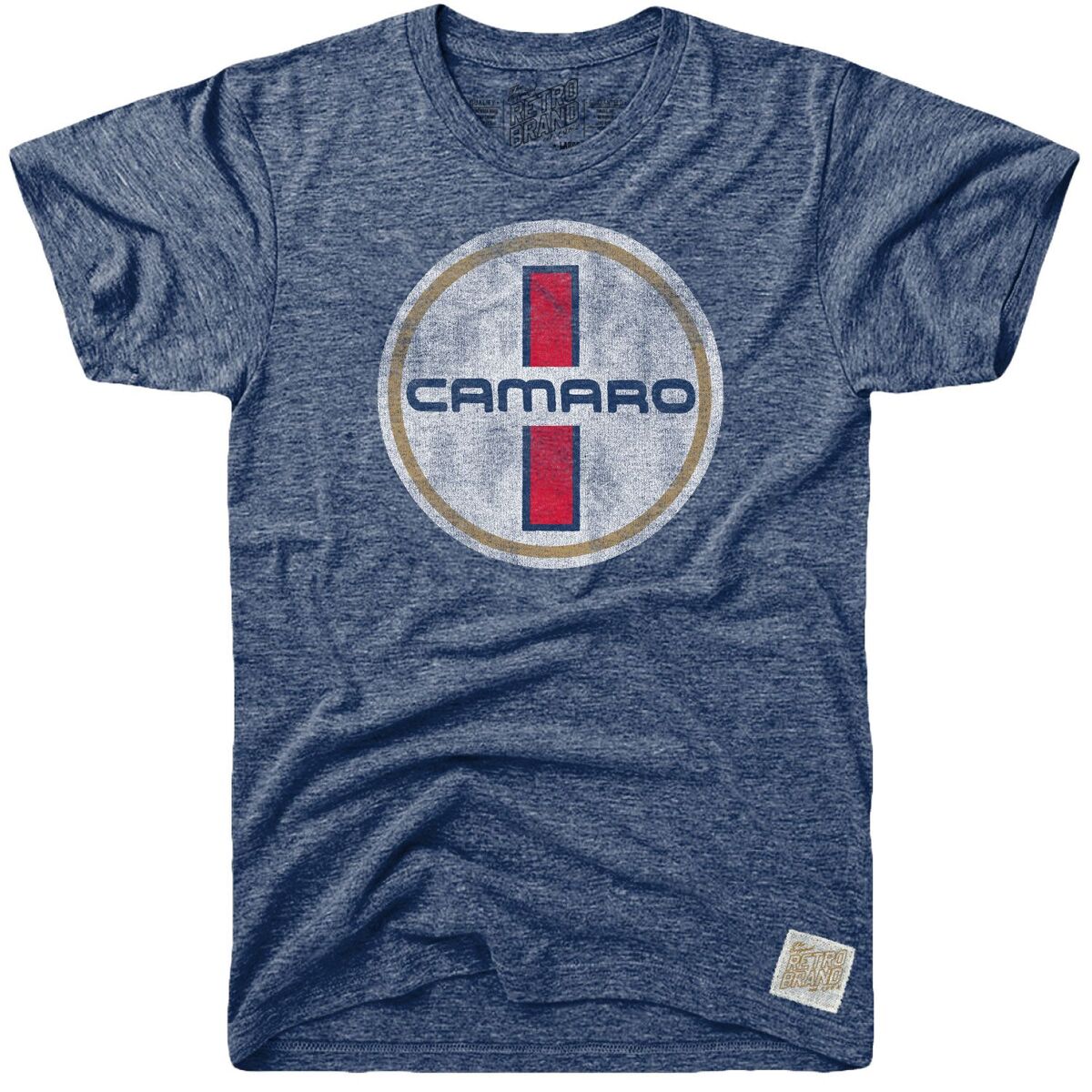 Camaro badge logo in white blue red and gold on our tri-blend unisex tee in streaky blue.