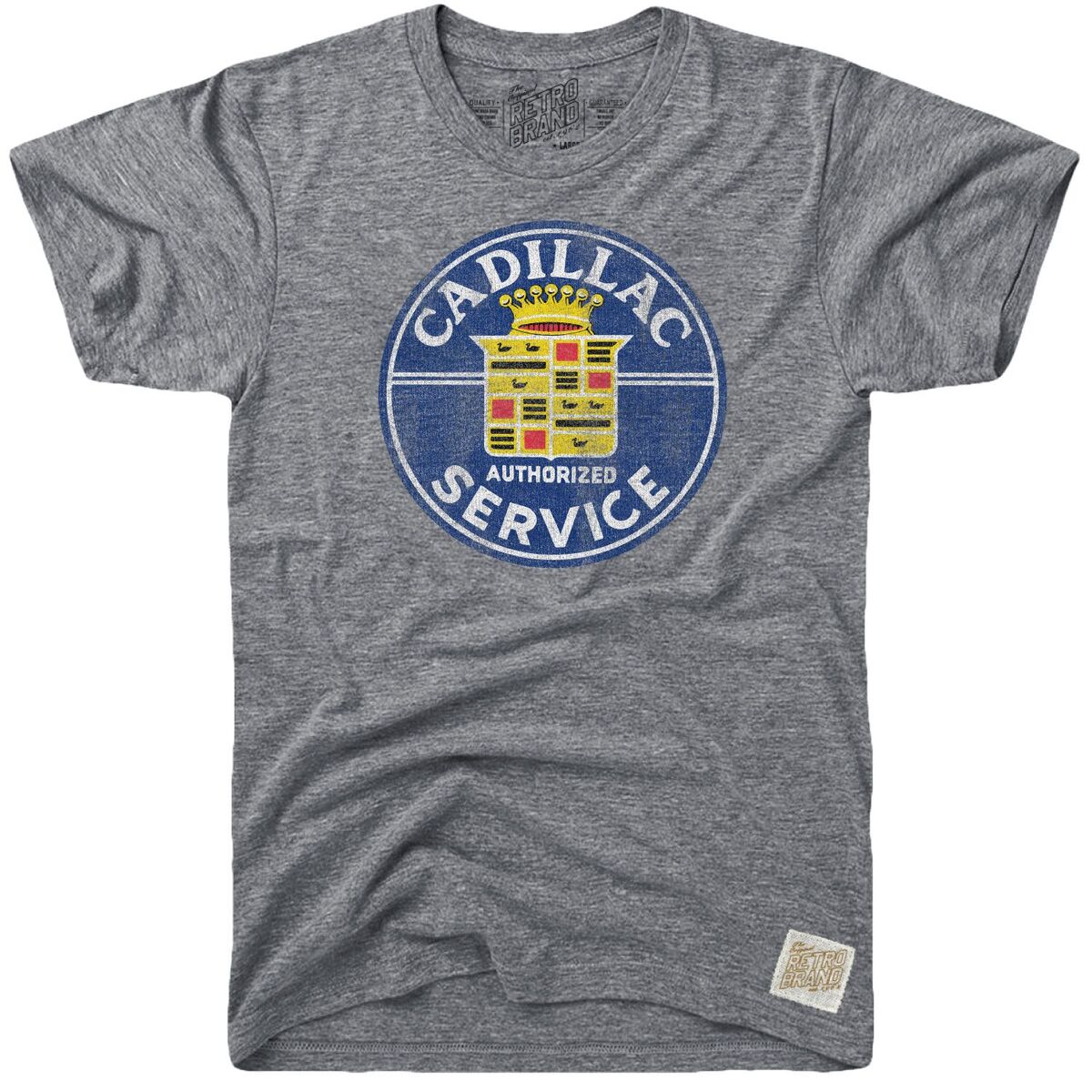 Authorized Cadillac Service logo in blue and white on our tri-blend unisex tee in streaky gray