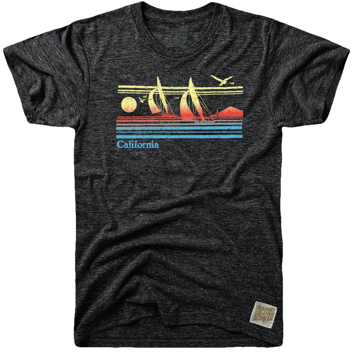 California sailboats in yellow red and blue on our tri-blend unisex tee in streaky black