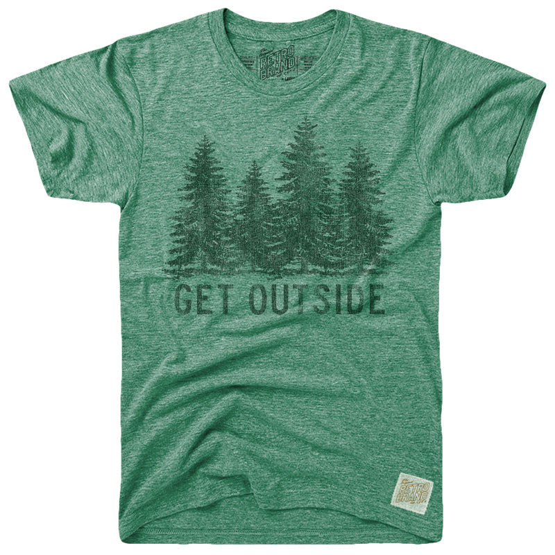 Get Outside in faded black type under a grouping of pine trees on our tri-blend unisex tee in streaky green. One of our top sellers.