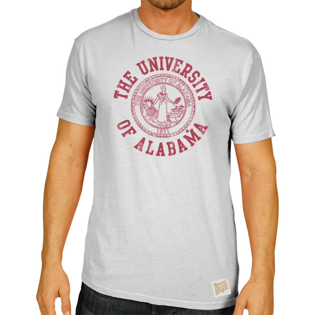 University of Alabama in red with seal in center on grey 100% cotton short sleeve tee