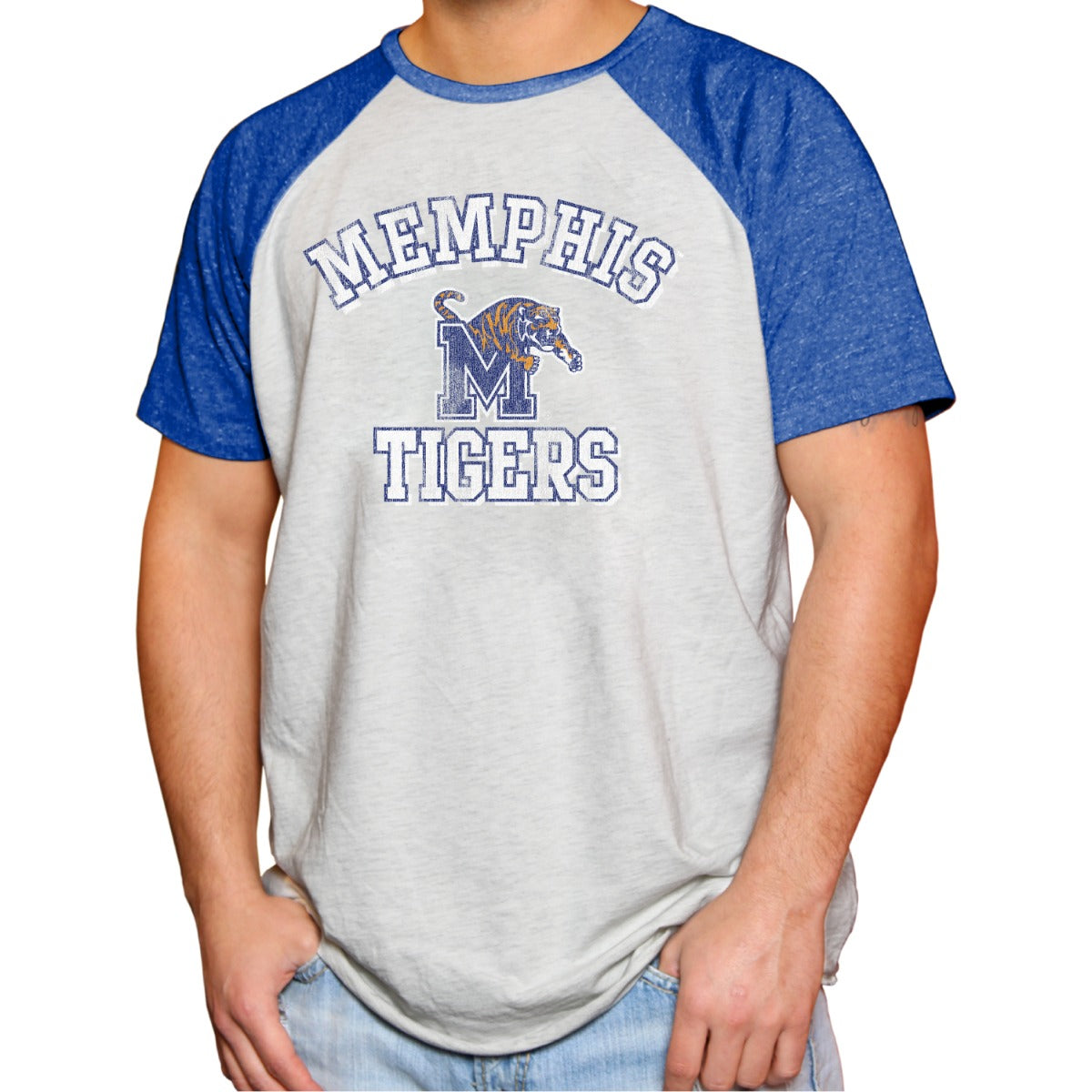 Memphis Tigers Tri-Blend Unisex Short Sleeve Contrast Raglan