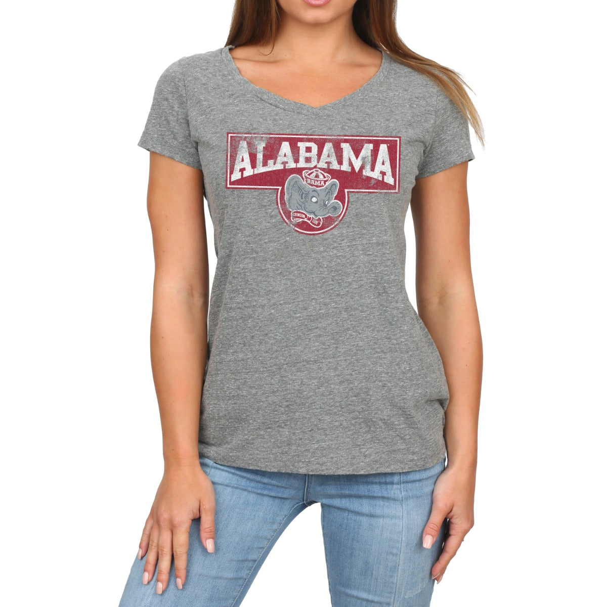 Alabama arch logo white with red border on tri--blend gray women's short sleeve tee