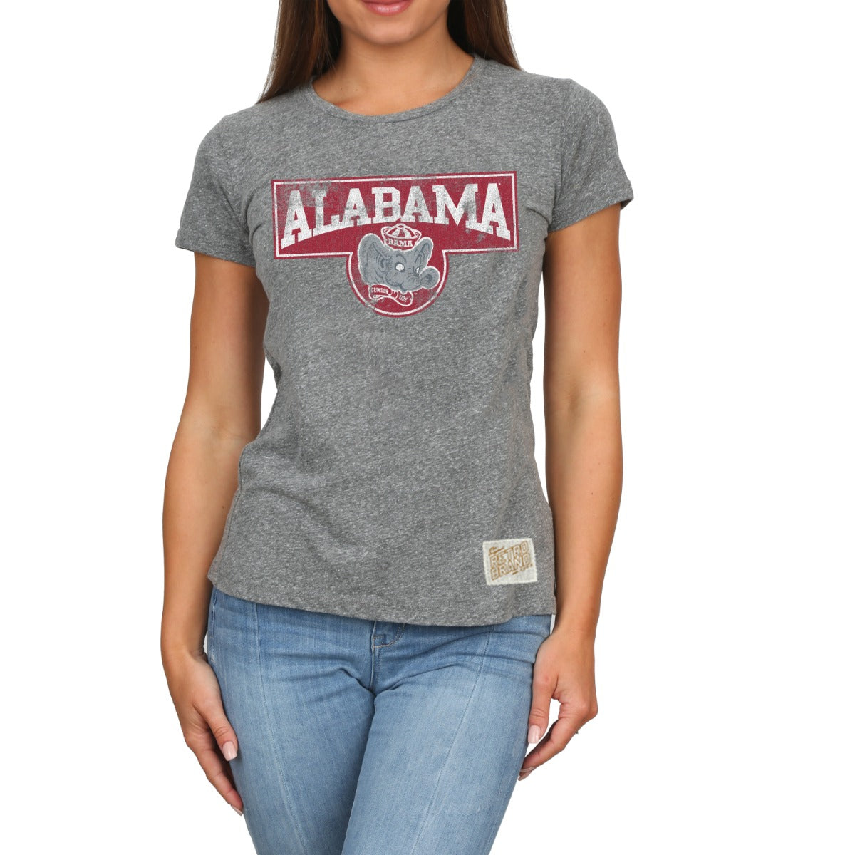 Alabama arch logo design on red background on our tri-blend gray women's short sleeve crew neck tee
