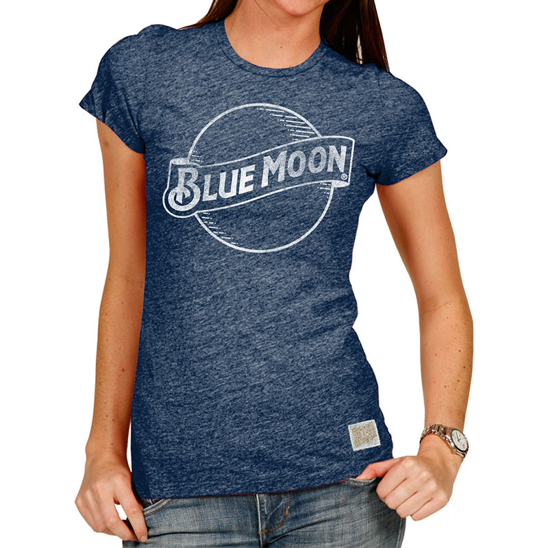 Blue Moon logo in white on our navy blue tri-blend women's crew neck short sleeve tee