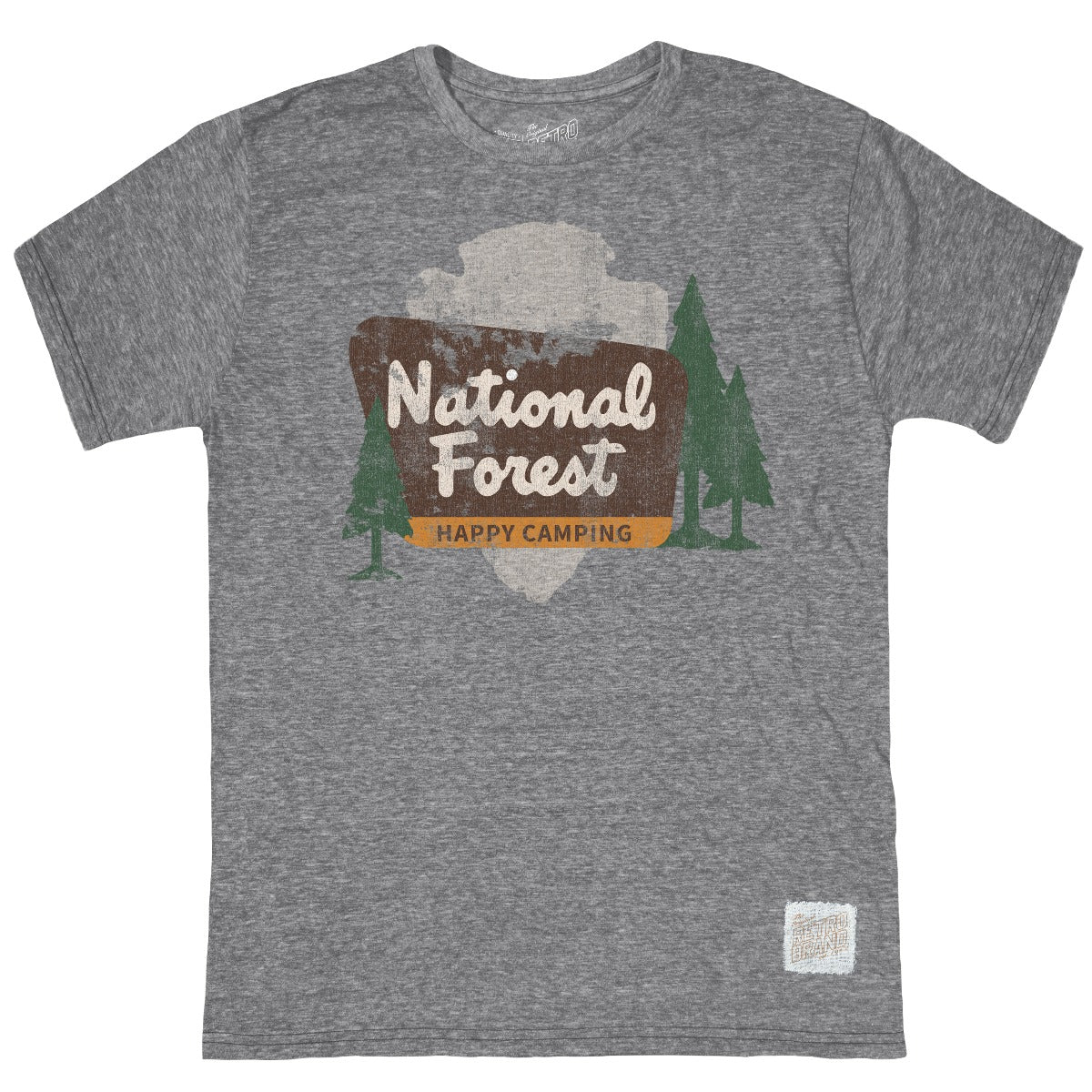 National Forest Happy Camping sign on light gray arrowhead and three pine trees on our streaky gray tri-blend unisex tee.