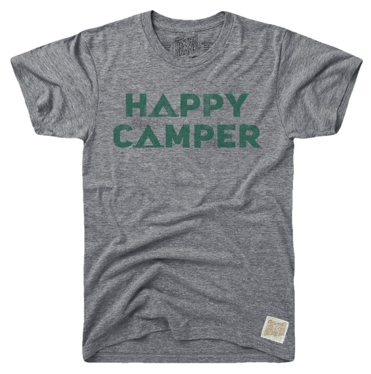 Happy Camper in green font with tents for the A in both words on a streaky gray tri-blend tee.