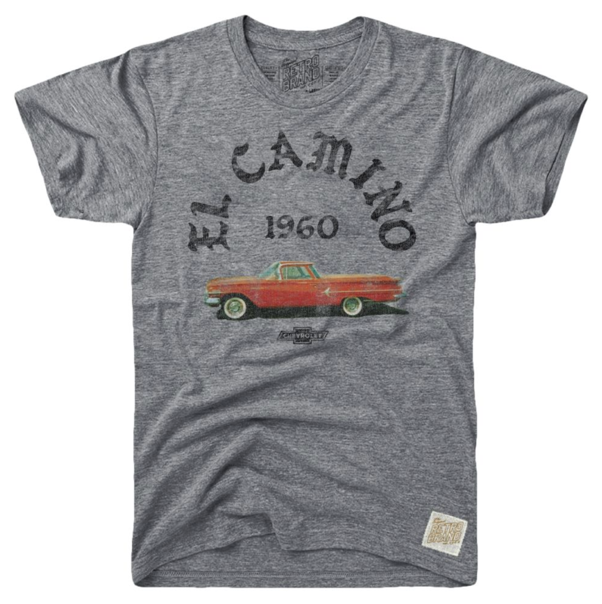 El Camino arch type with 1960 centered in black print with the vintage red car below and a small chevrolet emblem below that on our tri-blend unisex tee in streaky gray
