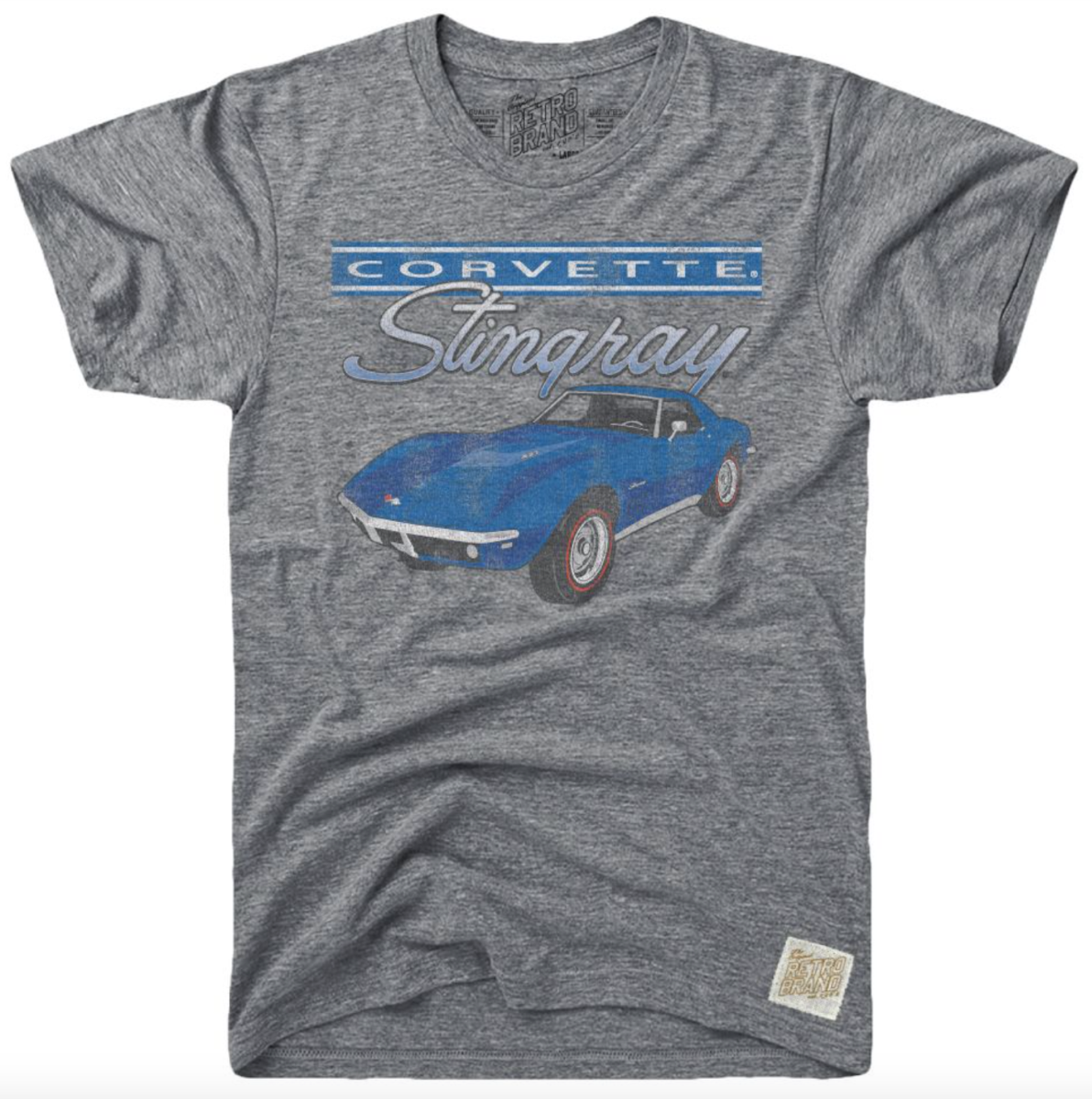 Corvette Stingray graphic in blue on our tri-blend unisex short sleeve tee in streaky gray