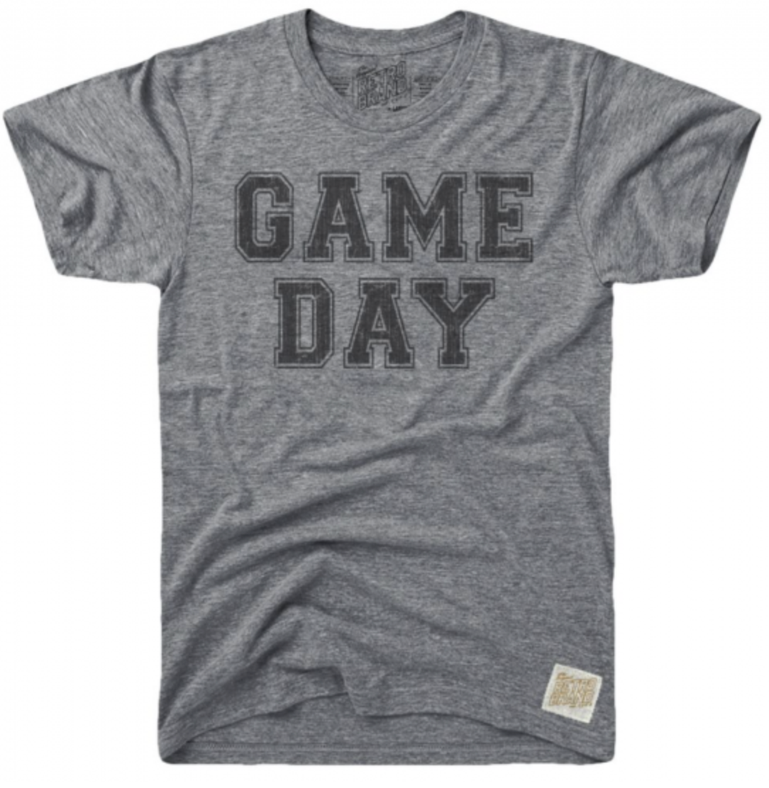 Game Day in black block letters on our tri-blend unisex short sleeve tee in streaky gray