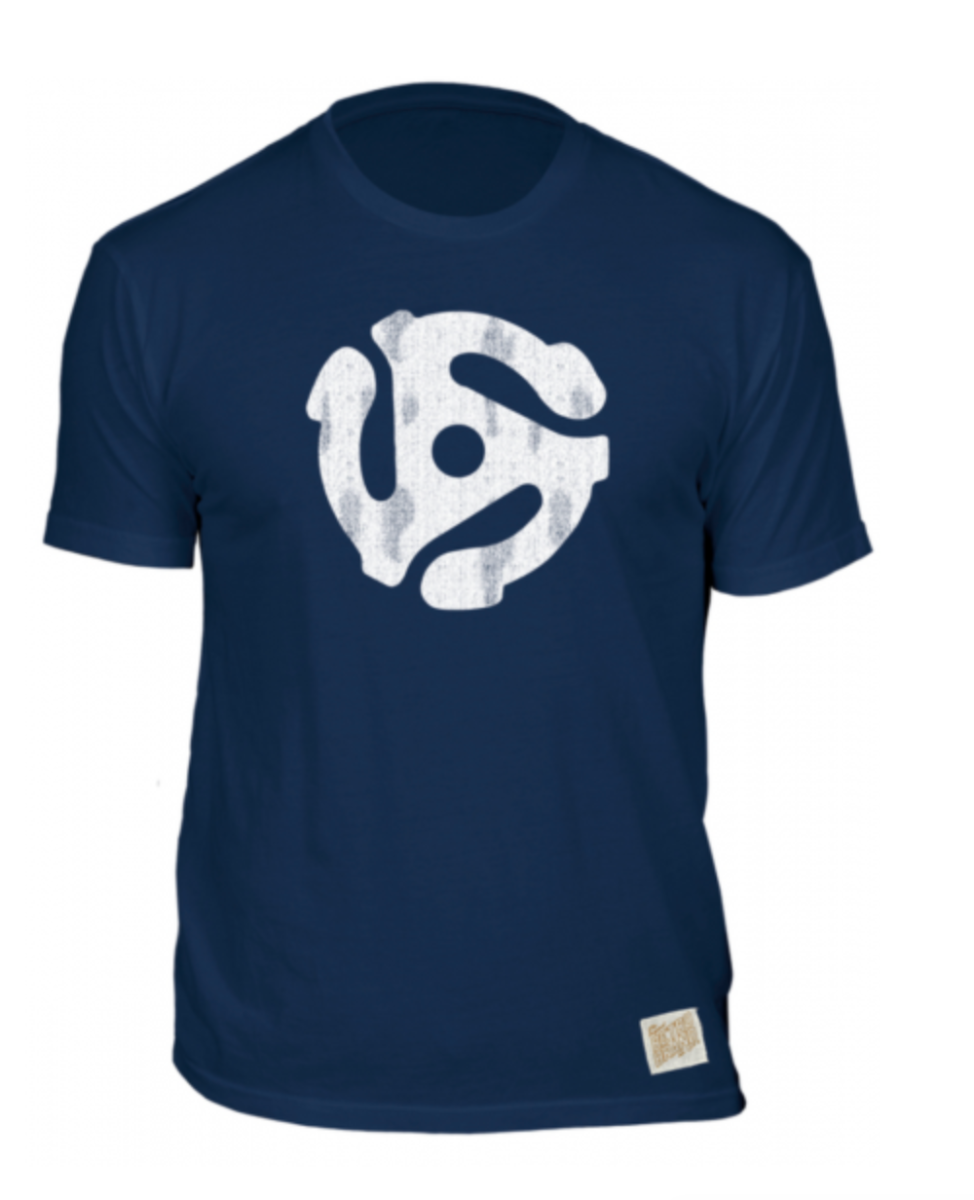 45 rpm vinyl adapter 100% Cotton tee - white design on 100% cotton tee in color navy
