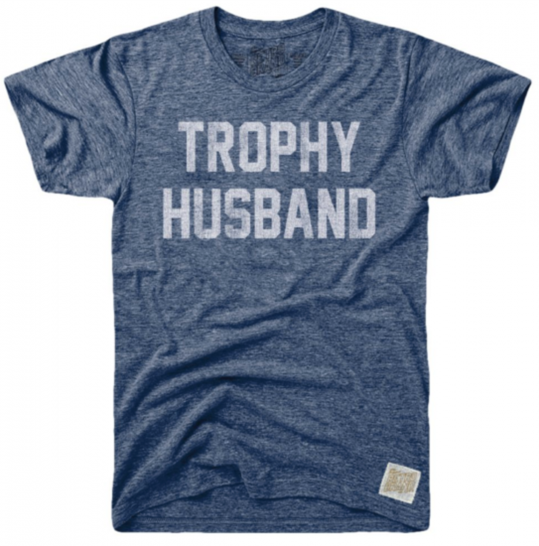 Trophy Husband in white font on streaky blue tri-blend tee.